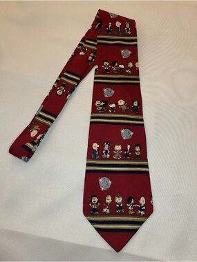 Peanuts Red Novelty Tie with Navy and Gold Stripes